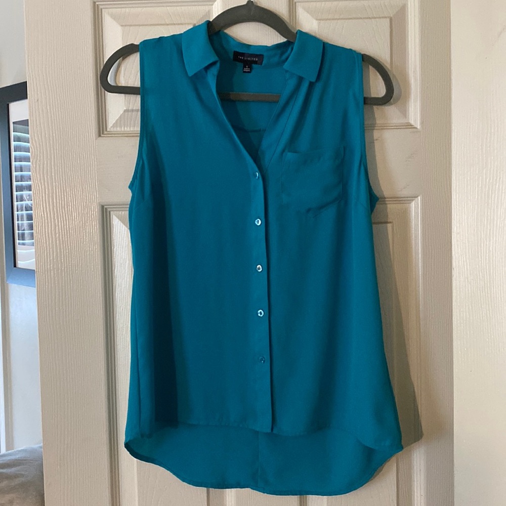 The Limited- Blue/Teal Collared Button Sleeveless Top
